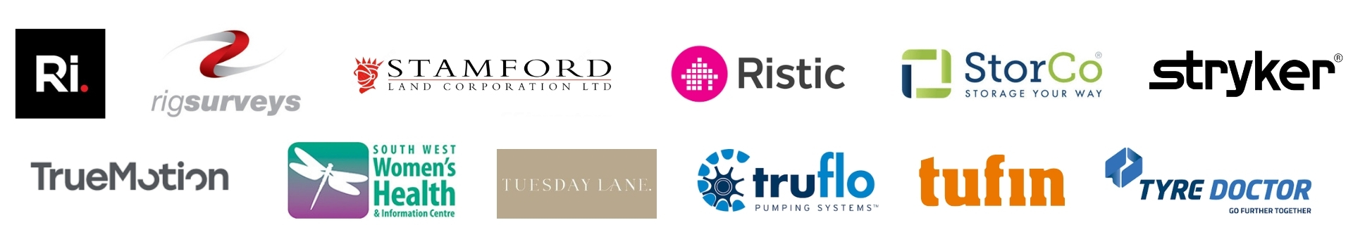 A collection of twelve business logos arranged in two rows on a white background.