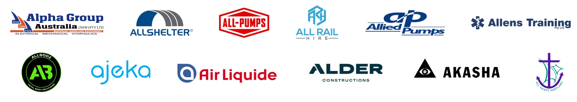 Twelve different company logos arranged in two rows on a white background.
