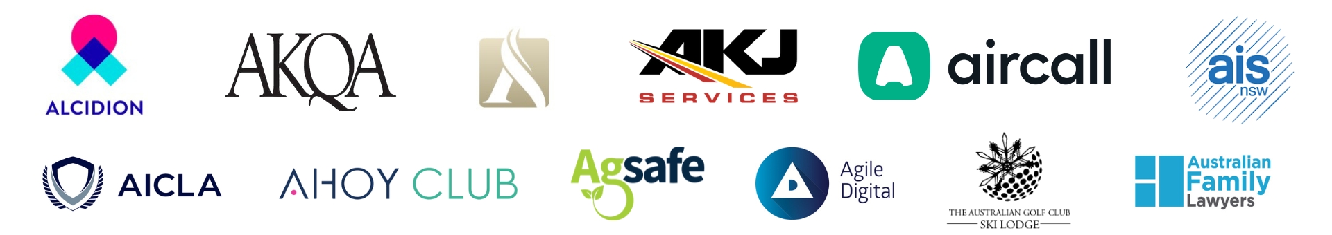 A row of 13 different company logos on a white background.