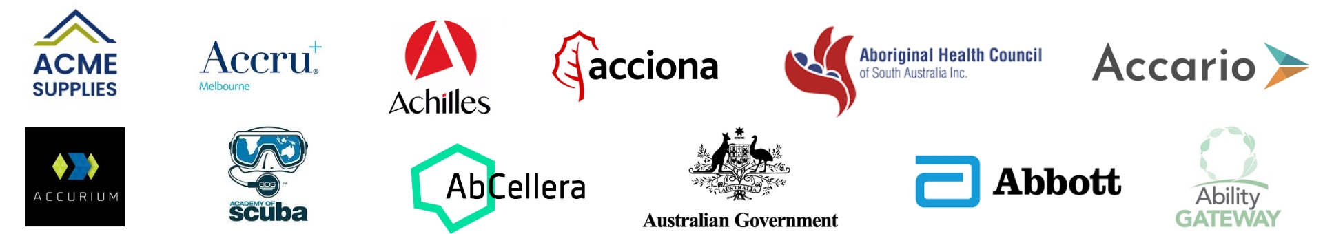 A collection of twelve different business and organization logos on a white background.