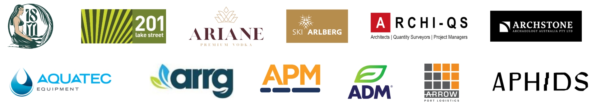 A row of 12 different company logos, each with unique designs and color schemes.
