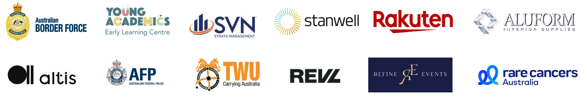 A row of various company and organization logos on a white background.