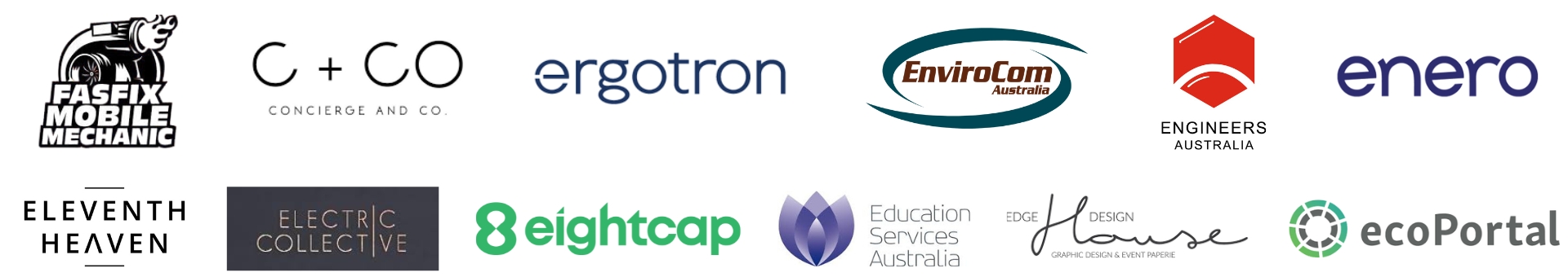 A row of various company logos, including Fasfix, Ergotron, EnviroCom, and others.
