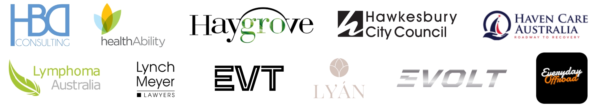 A row of 12 logos for various Australian organizations and companies on a white background.