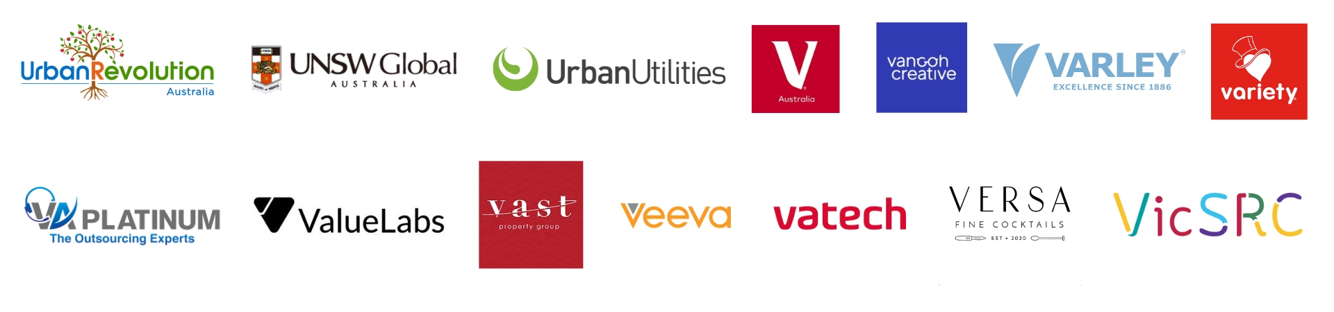 A row of various company and organization logos on a white background.
