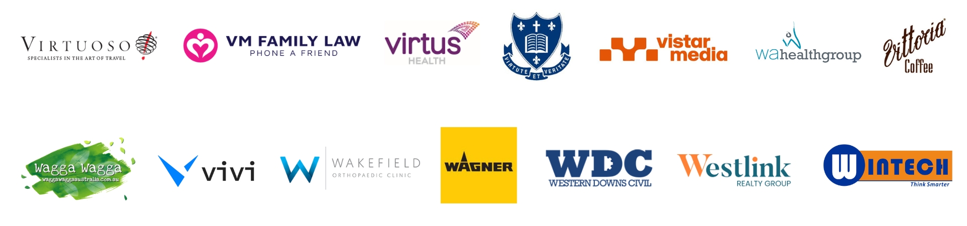 A row of 15 assorted business logos on a white background.