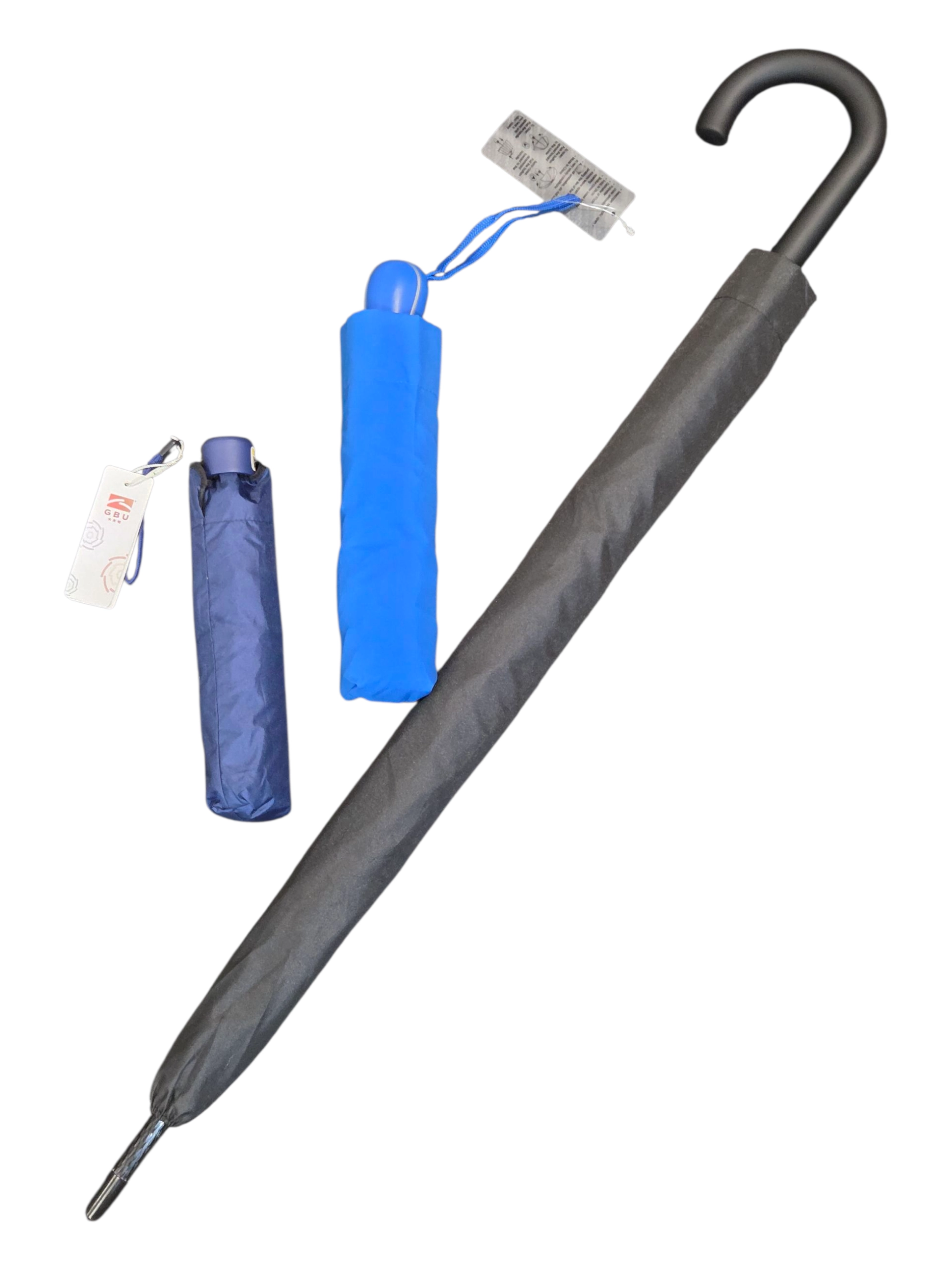 Three umbrellas: two compact fold-up blue ones and one long black curved-handle umbrella.