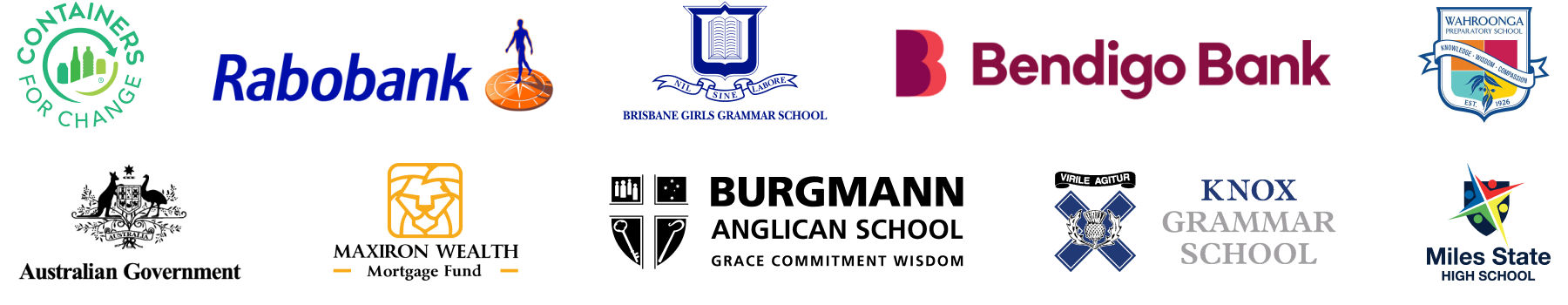 A row of twelve business and school logos, including banks and government entities.