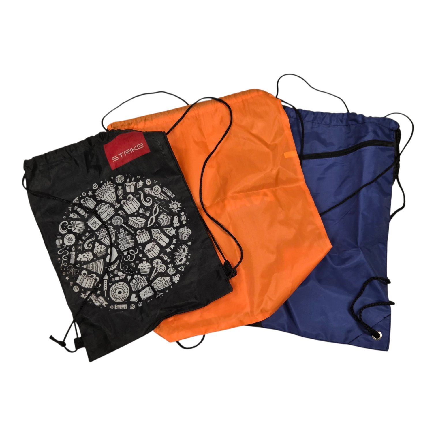 Three colorful drawstring bags—black with designs, orange, and blue—shown overlapping.