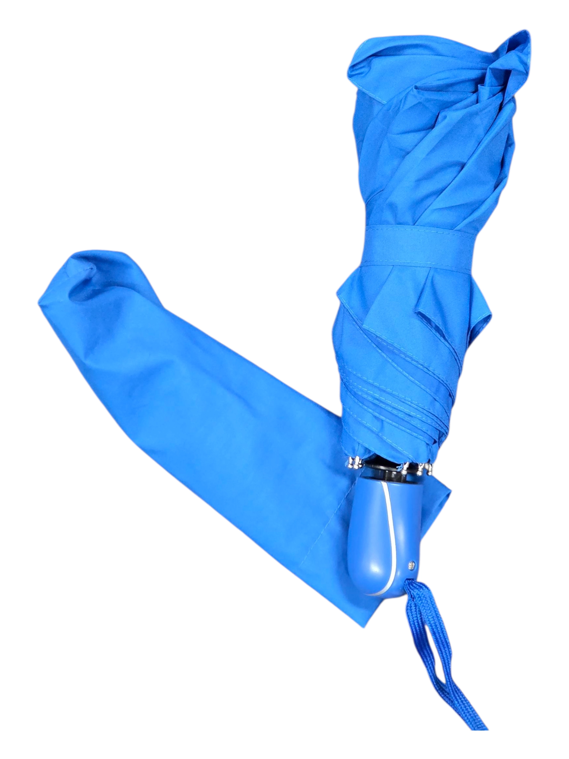 Compact fold-up umbrella with blue cover, perfect for branded corporate umbrellas.