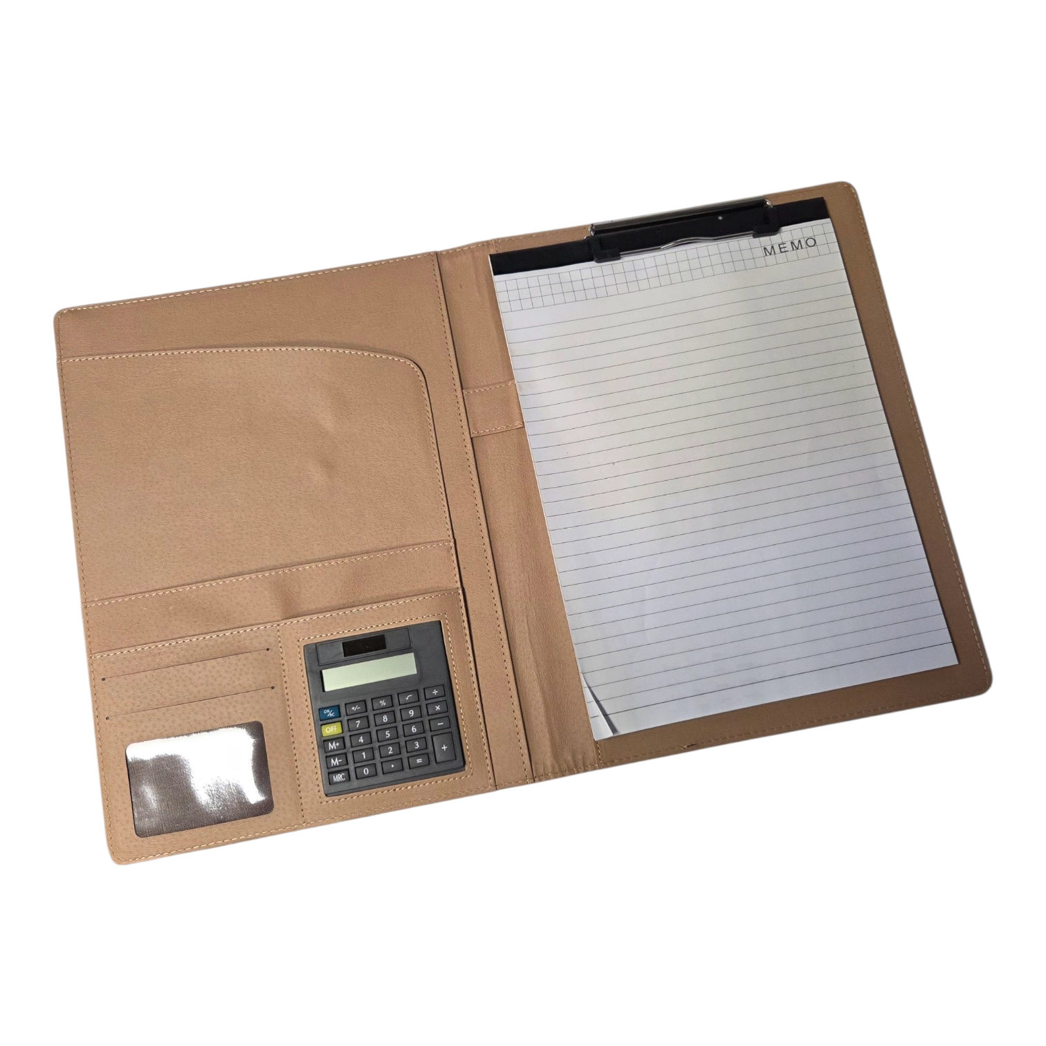 Tan leather portfolio with notepad, calculator, and pockets—compare leather vs non-leather compendiums.