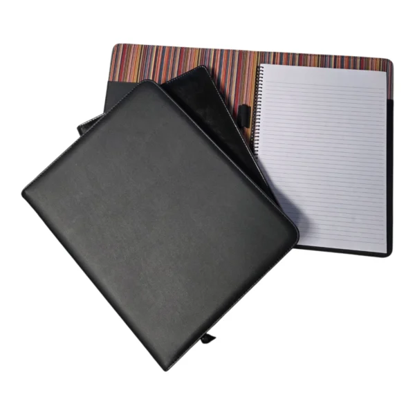 Sleek zippered portfolio with striped interior—compare Leather vs Non-Leather Compendiums styles.