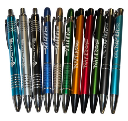Twelve assorted plastic pens vs metal pens, arranged side by side in vibrant colors.