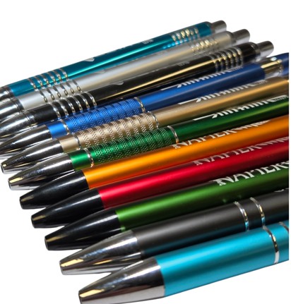A row of colorful plastic pens vs metal pens arranged diagonally on a white background.