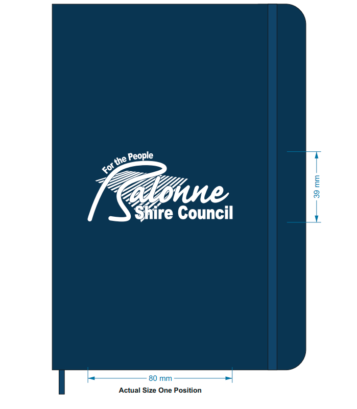 Navy blue government notebook with Salonne Shire Council logo printed in white on the cover.