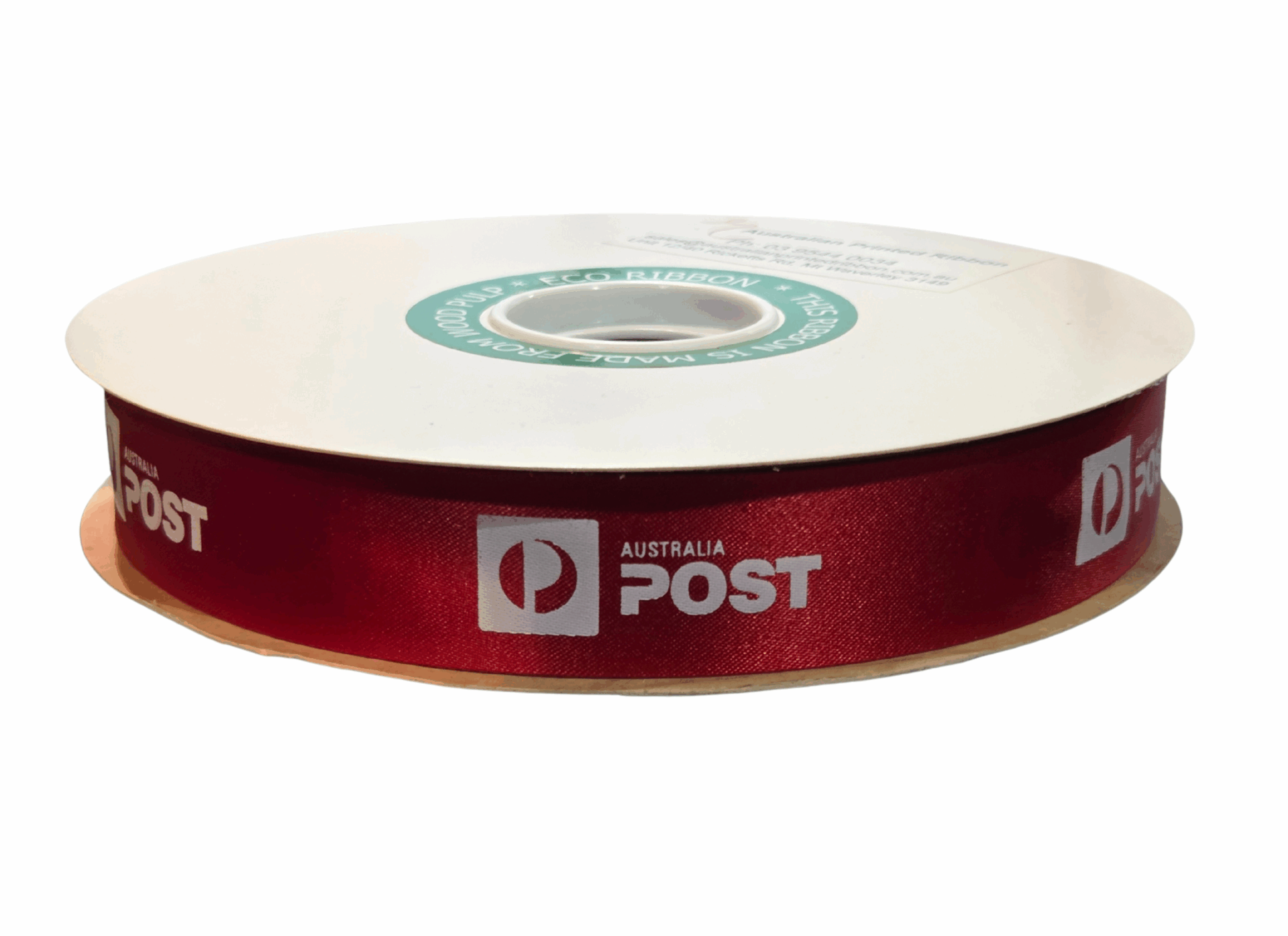 Red ribbon roll with Australia Post logo printed repeatedly along the side.