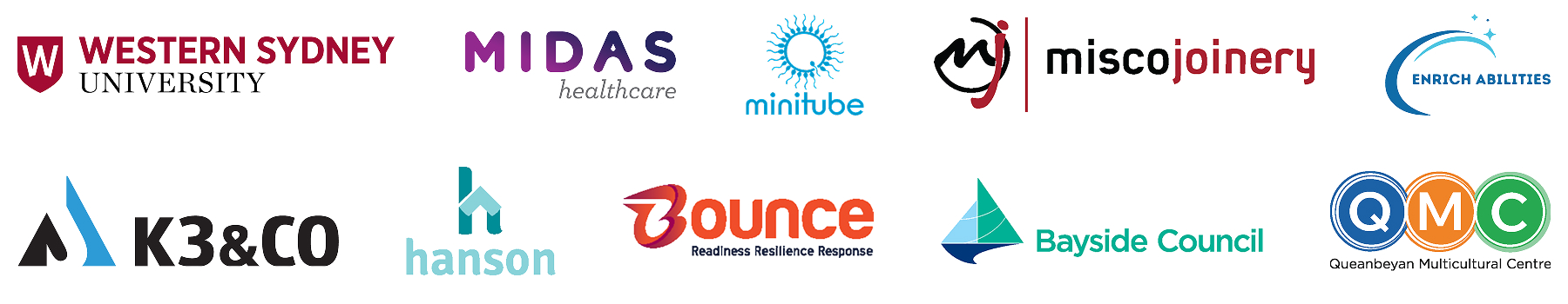 A row of ten different company and organization logos in various colors and styles.
