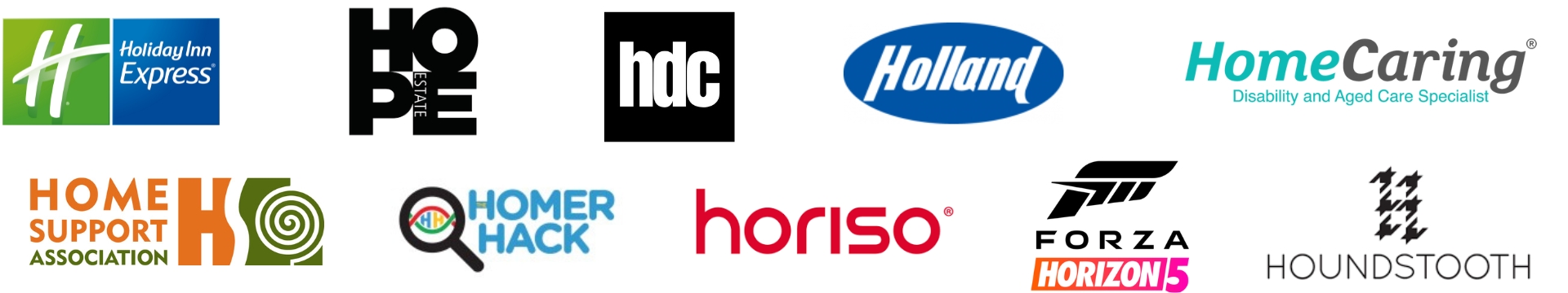 A collection of 12 assorted company logos displayed in two rows on a white background.