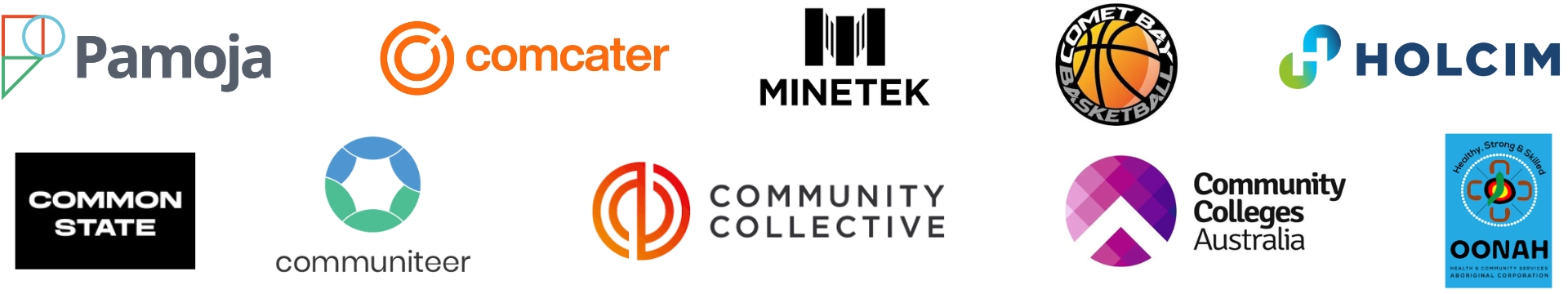 A row of various company logos arranged in two lines on a white background.