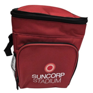 Red insulated cooler bag with Suncorp Stadium logo, front zip pocket; perfect for cooler bags fans.