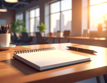 Tear-away notepads and pen on a desk in a sunlit modern office