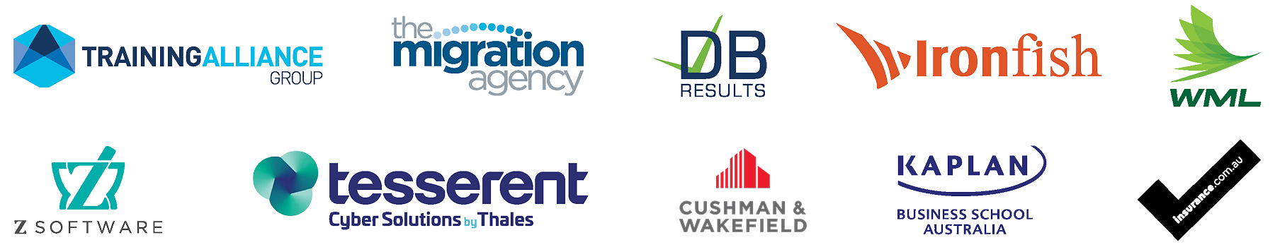 A collection of ten business logos displayed in two rows on a white background.