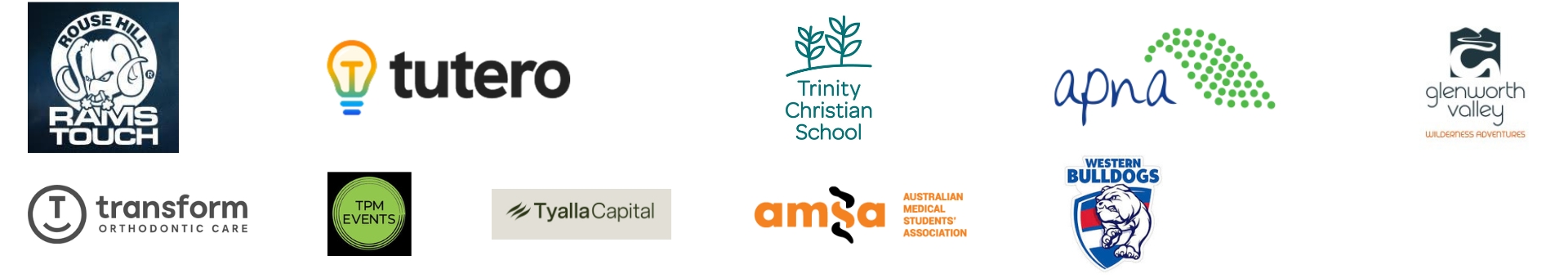 A row of twelve different business and organization logos on a white background.