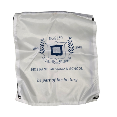 White drawstring bag with Brisbane Grammar School logo—be part of the drawstring bags history.