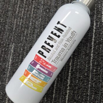 White water bottle with PARTY Program and PREVENT logo from Royal Perth Hospital on the side.