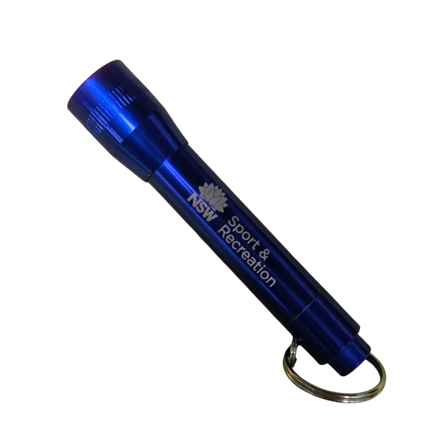Blue flashlight keychain keyrings labeled NSW Sport & Recreation on white background.
