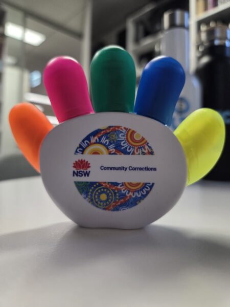 Five-color highlighter hand set for NSW Community Corrections; ideal for user generated content.