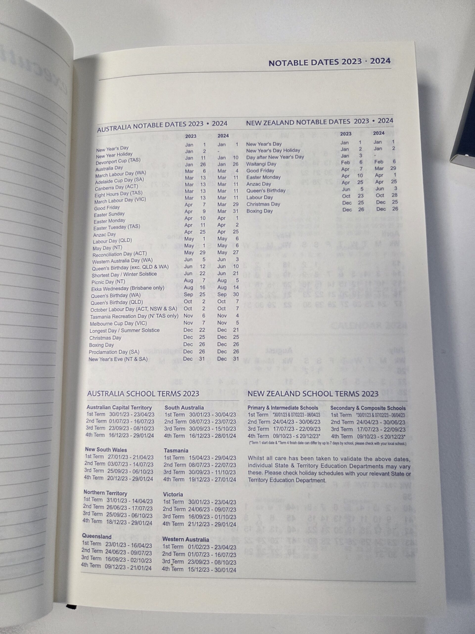 Notebook page listing key dates and school terms—a handy buying guide for diaries, 2023–2024.