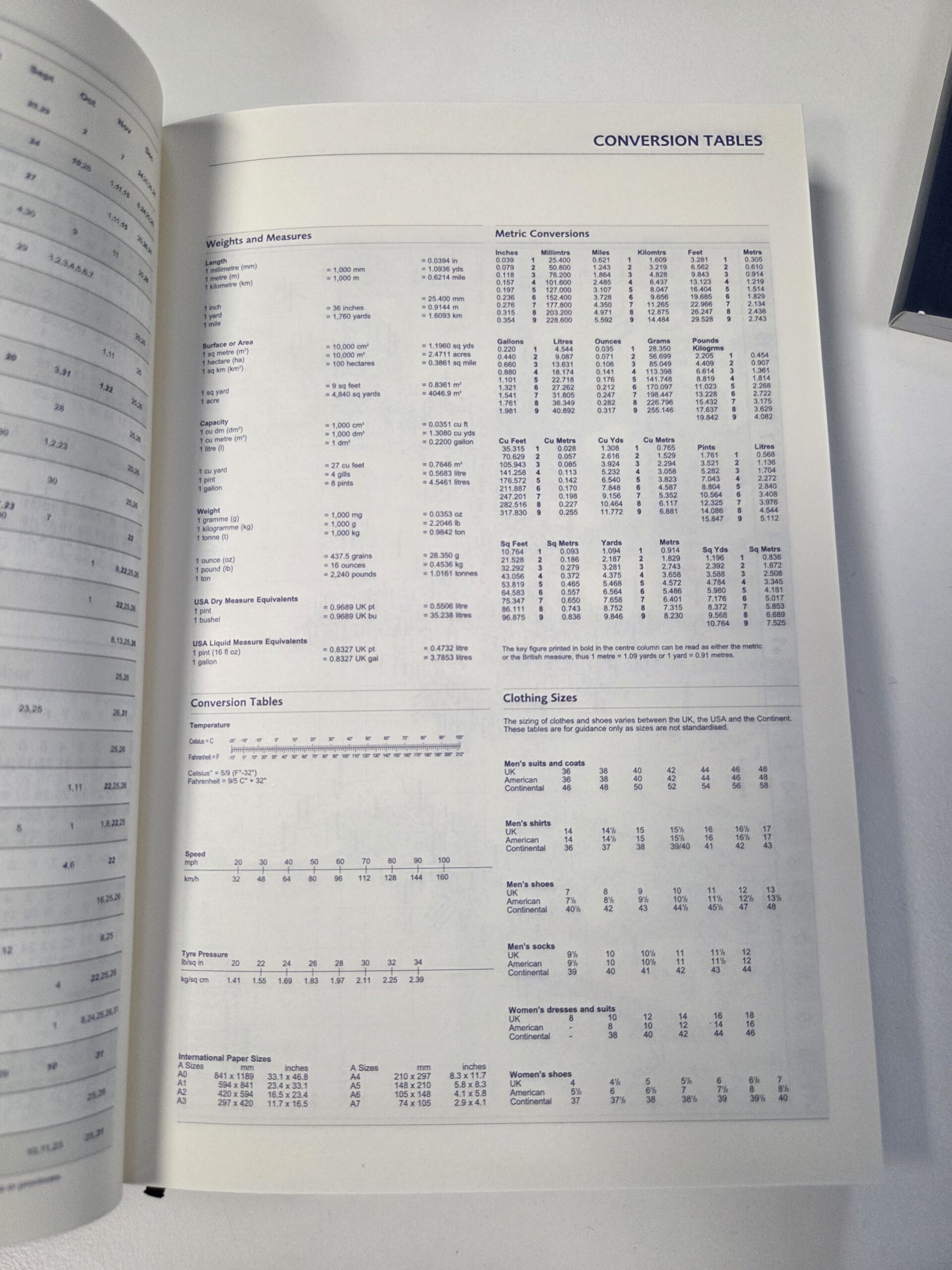 A page showing conversion tables and a buying guide for diaries, weights, and clothing sizes.