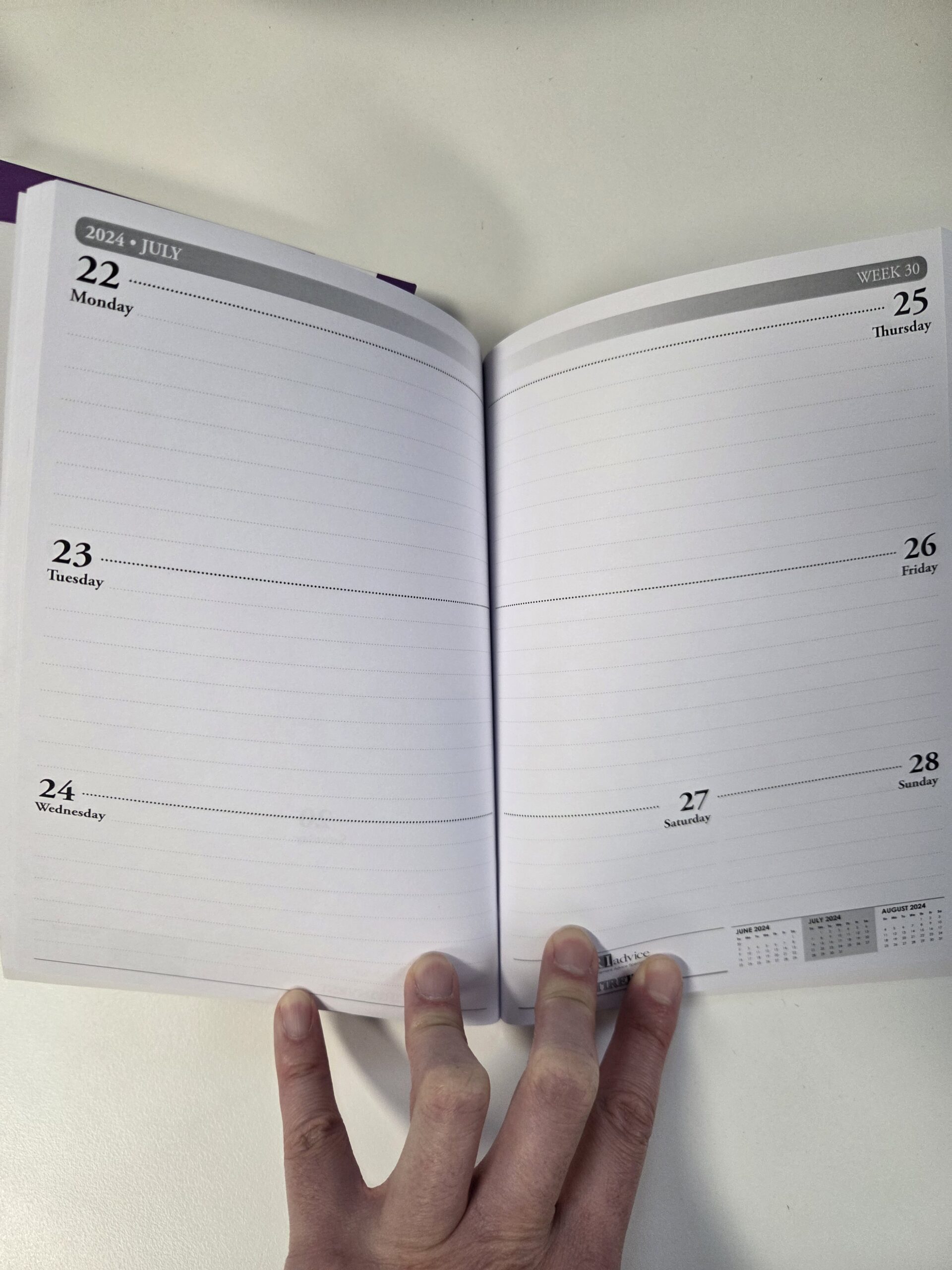 An open planner showing July 22–28, 2024—perfect for your buying guide for diaries.