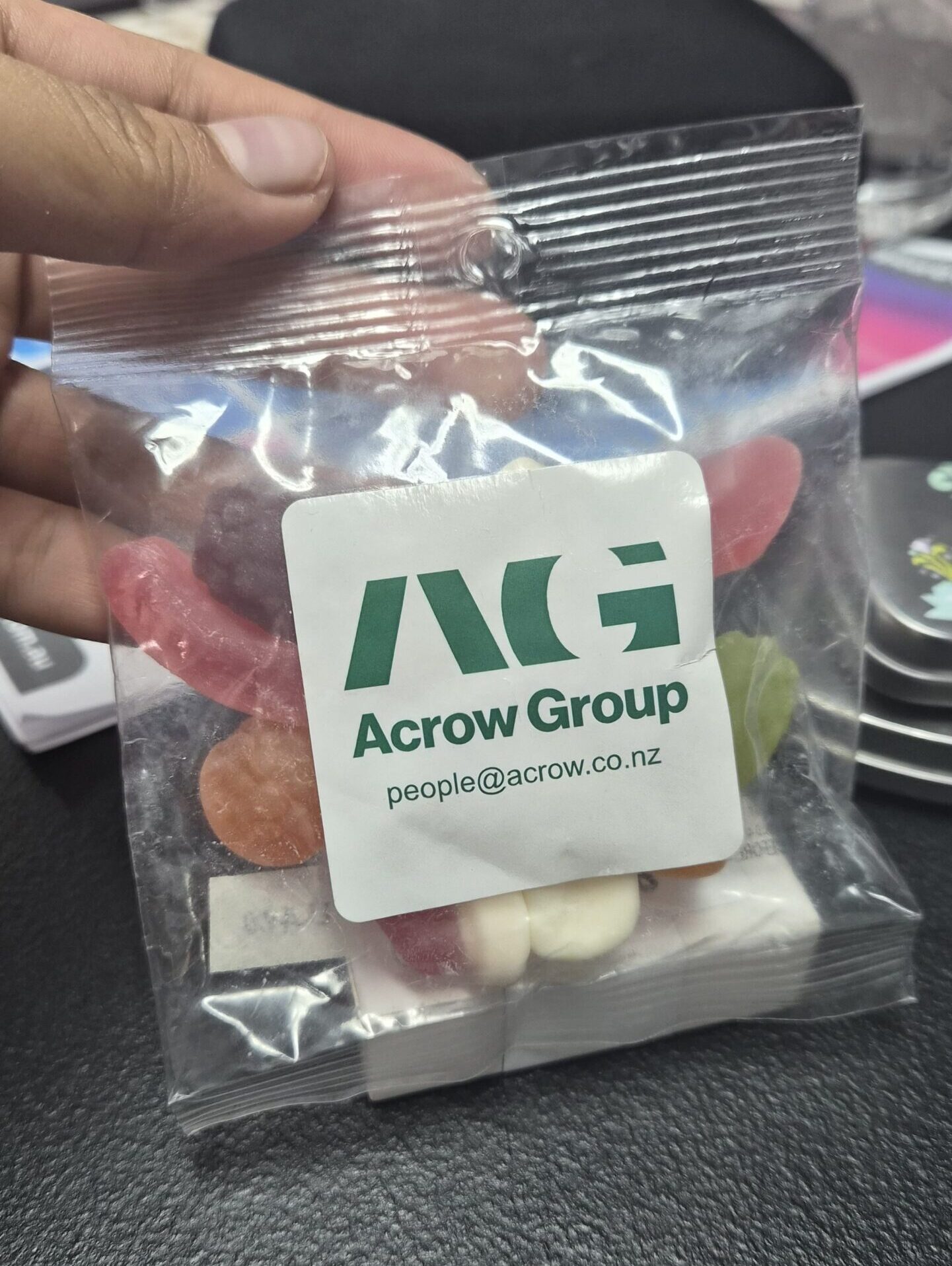 1 pack of jelly beans with Acrow Group logo, text and link printed on the front
