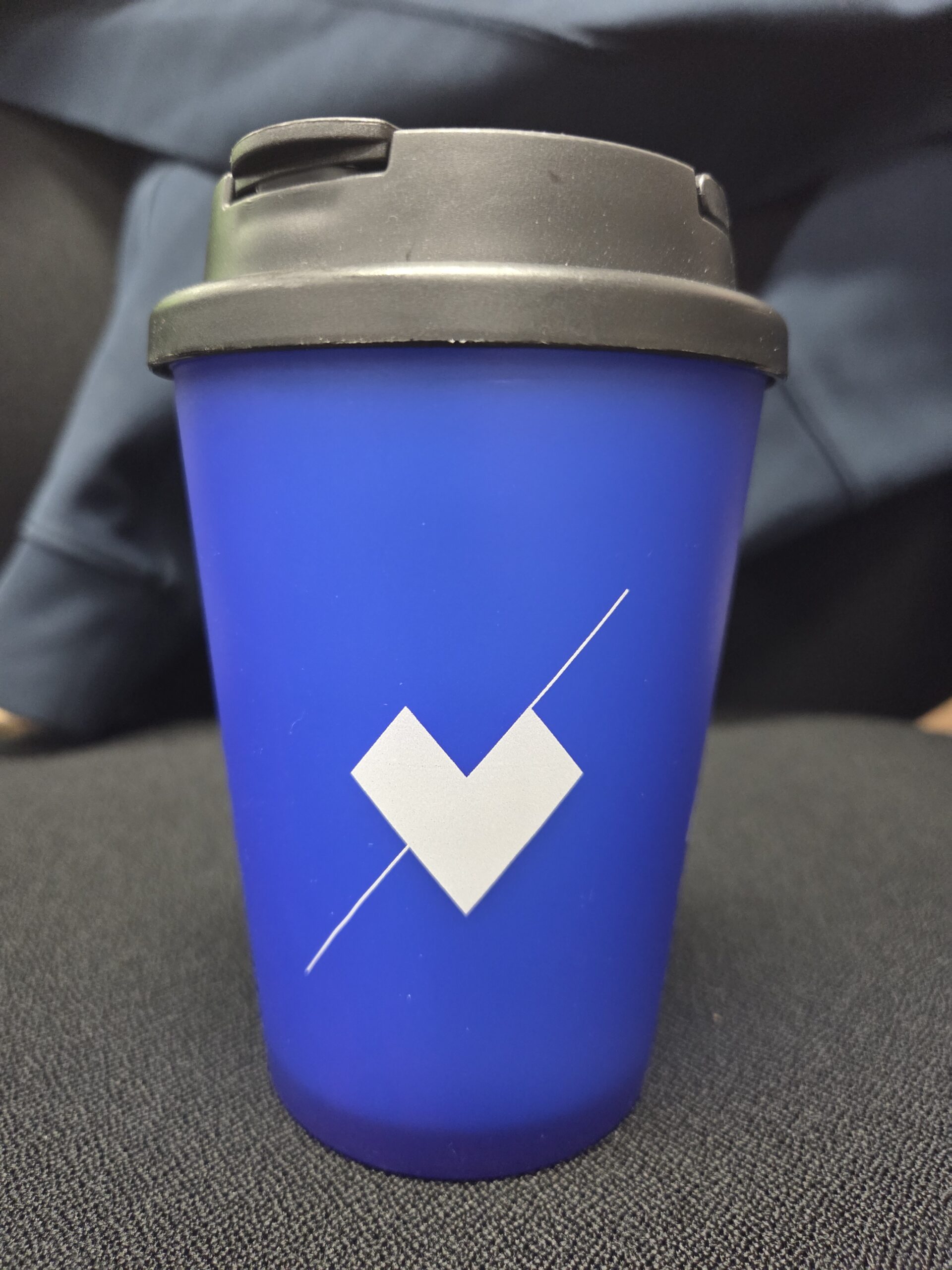 blue reusable cup with dark grey lid