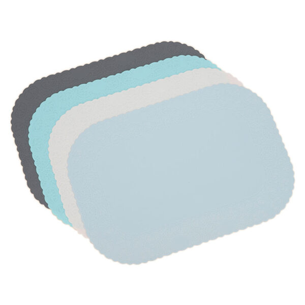 Set of 4 Custom High Edge Silicone Pet Feeding Mats in black, blue, white, and light blue.