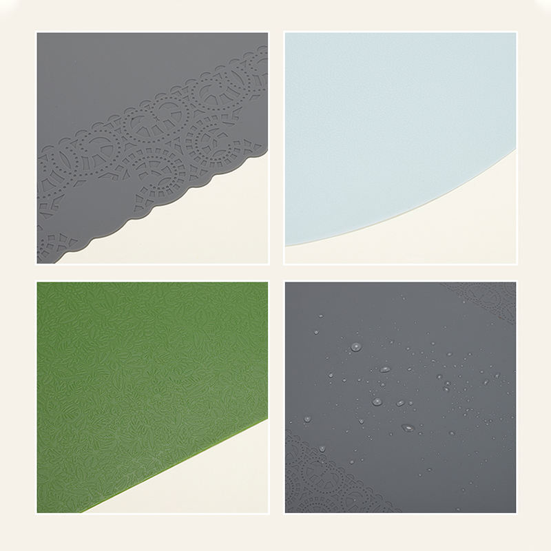 Four Custom High Edge Silicone Pet Feeding Mats in gray, blue, green, and dark gray.