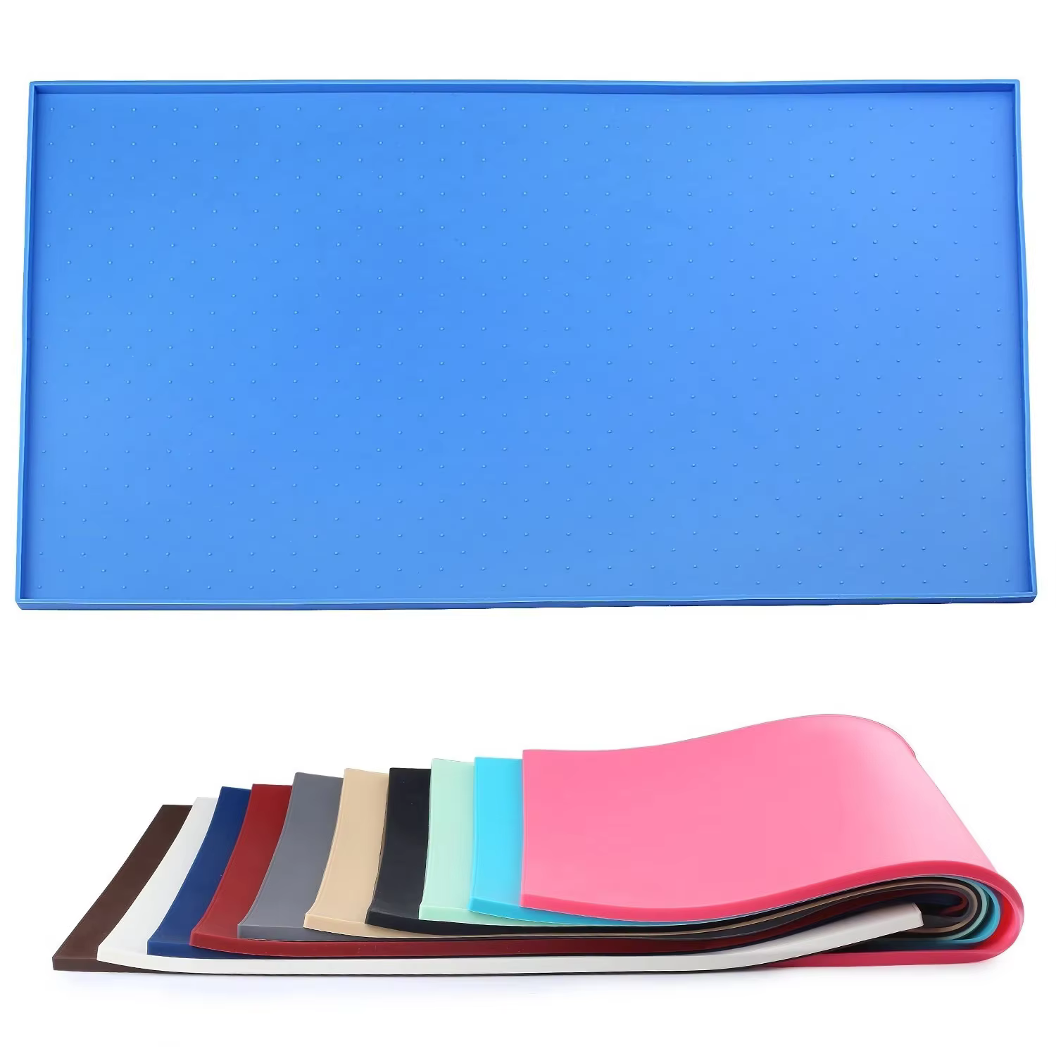 Waterproof Pet Feeding Mats are shown in blue and various other colors, some rolled up.