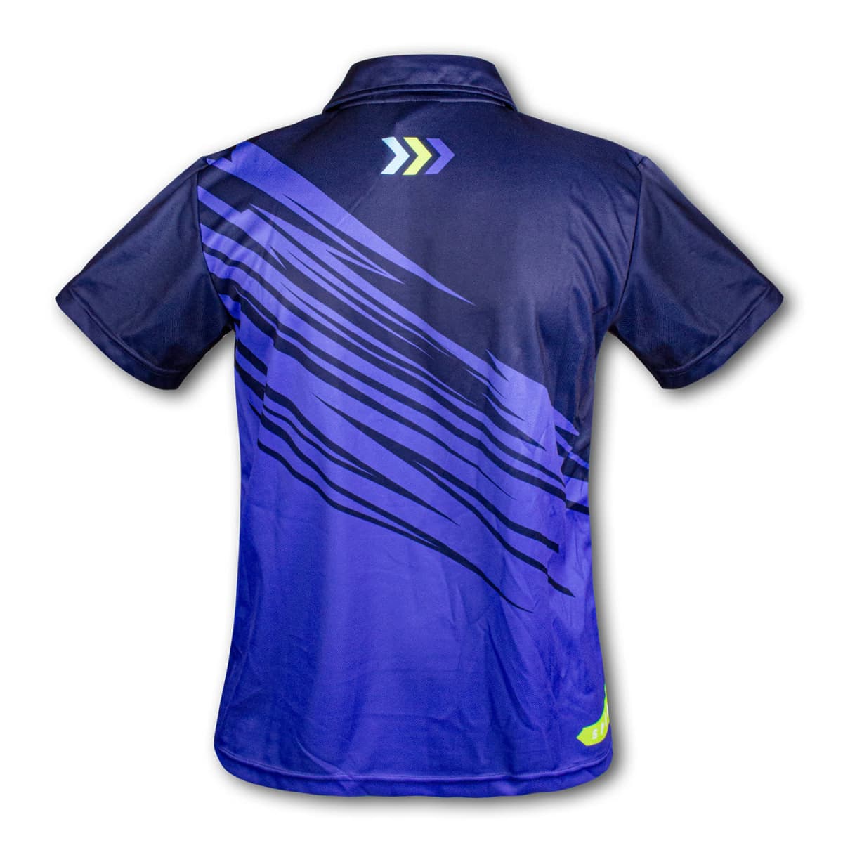 Back view of Active Men's Top in blue with dark blue and black diagonal streaks.