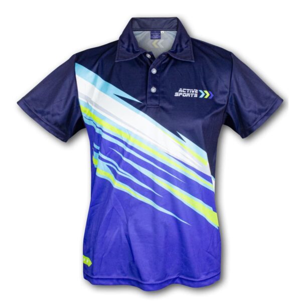 Active Men's Top in blue/navy with white, yellow stripes, plus Active Sports logo.