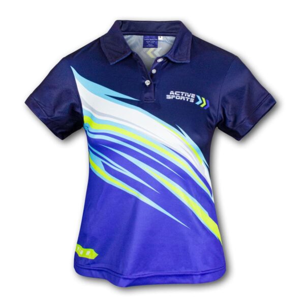 Blue women's sports polo with white, yellow, and light blue streaks and Active Sports text.