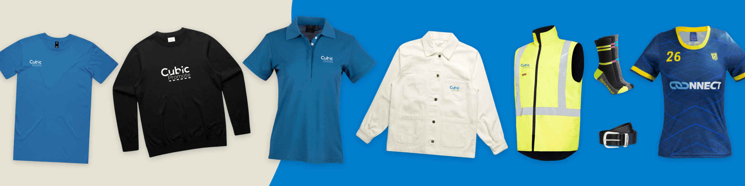 Seven assorted branded workwear items displayed on a split beige and blue background.