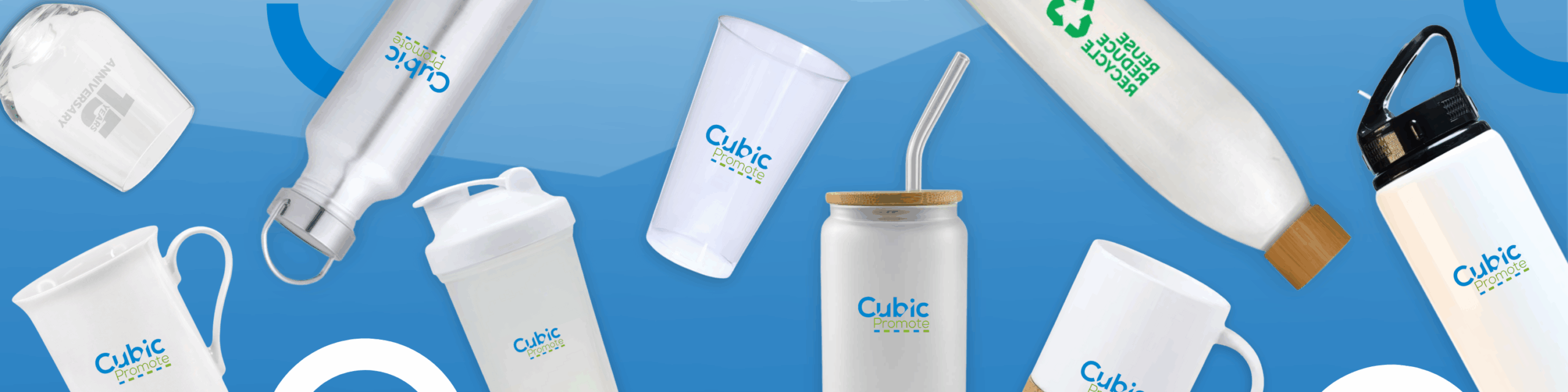 Assorted branded drinkware including bottles, mugs, and cups on a blue and white background.