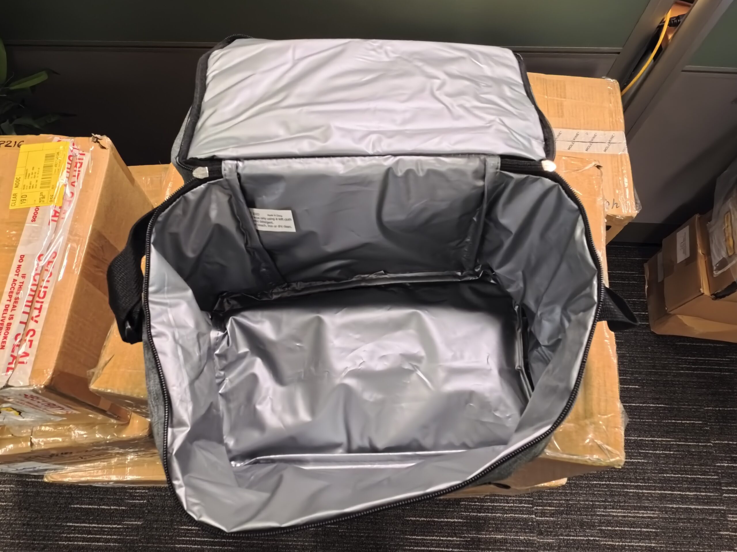 greay interior of a cooler bag