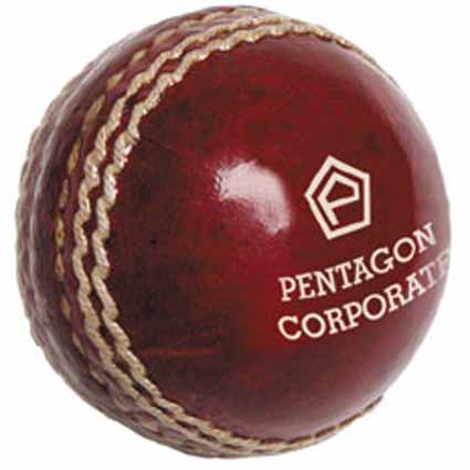 Red leather Midget Cricket Ball with white stitching and Pentagon Corporate logo.