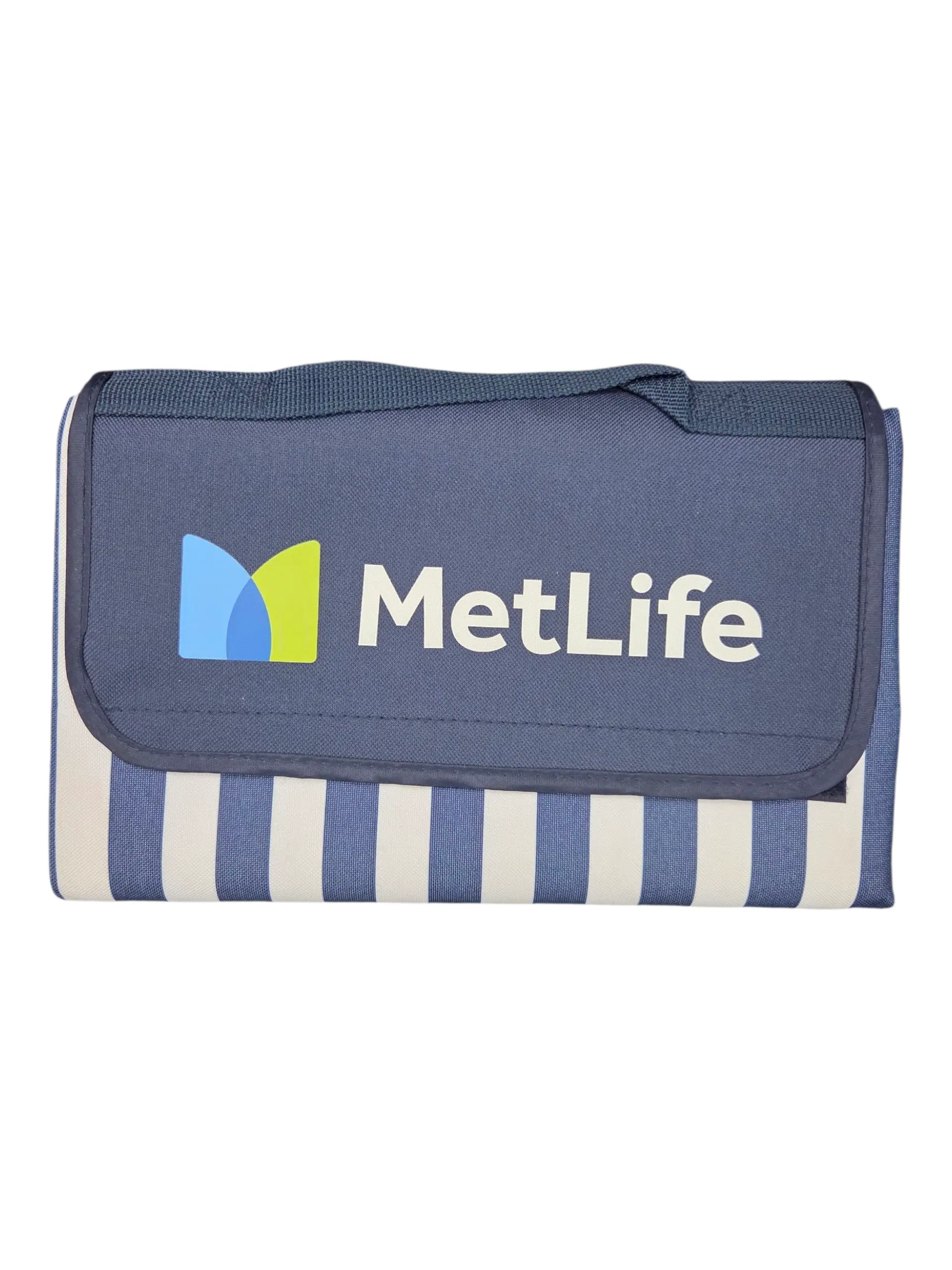 fold out picnic rugs in stripes with MetLife logo