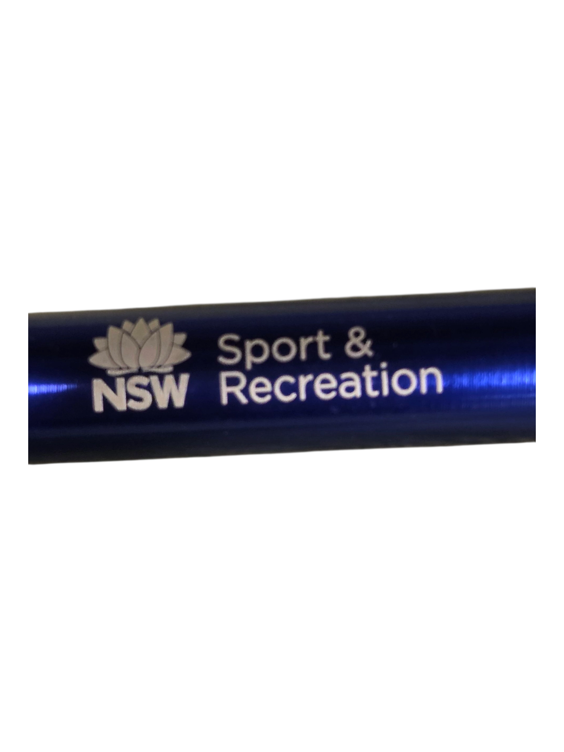 Blue pen and keyrings with NSW Sport & Recreation and a lotus logo printed in white.