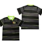 Men's Sublimated Polos: Gray, short sleeves, green collar & stripes on front and back.