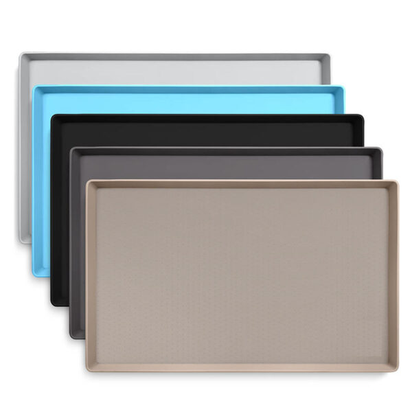 Set of five Waterproof Pet Feeding Mats in beige, black, gray, blue, and white.